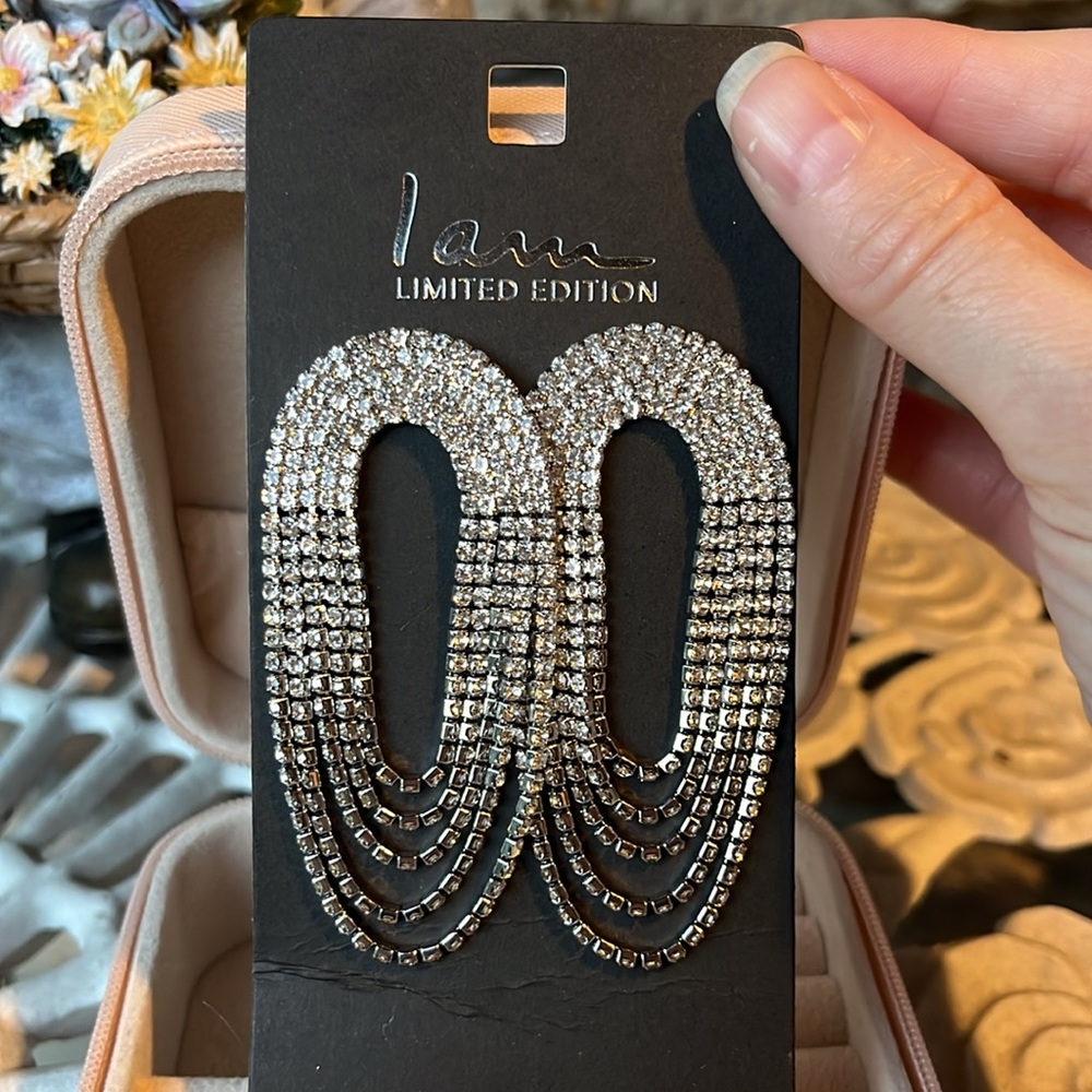 “I Am” Limited Edition White Rhinestone Rainbow/Waterfall-Style Pierced Earrings